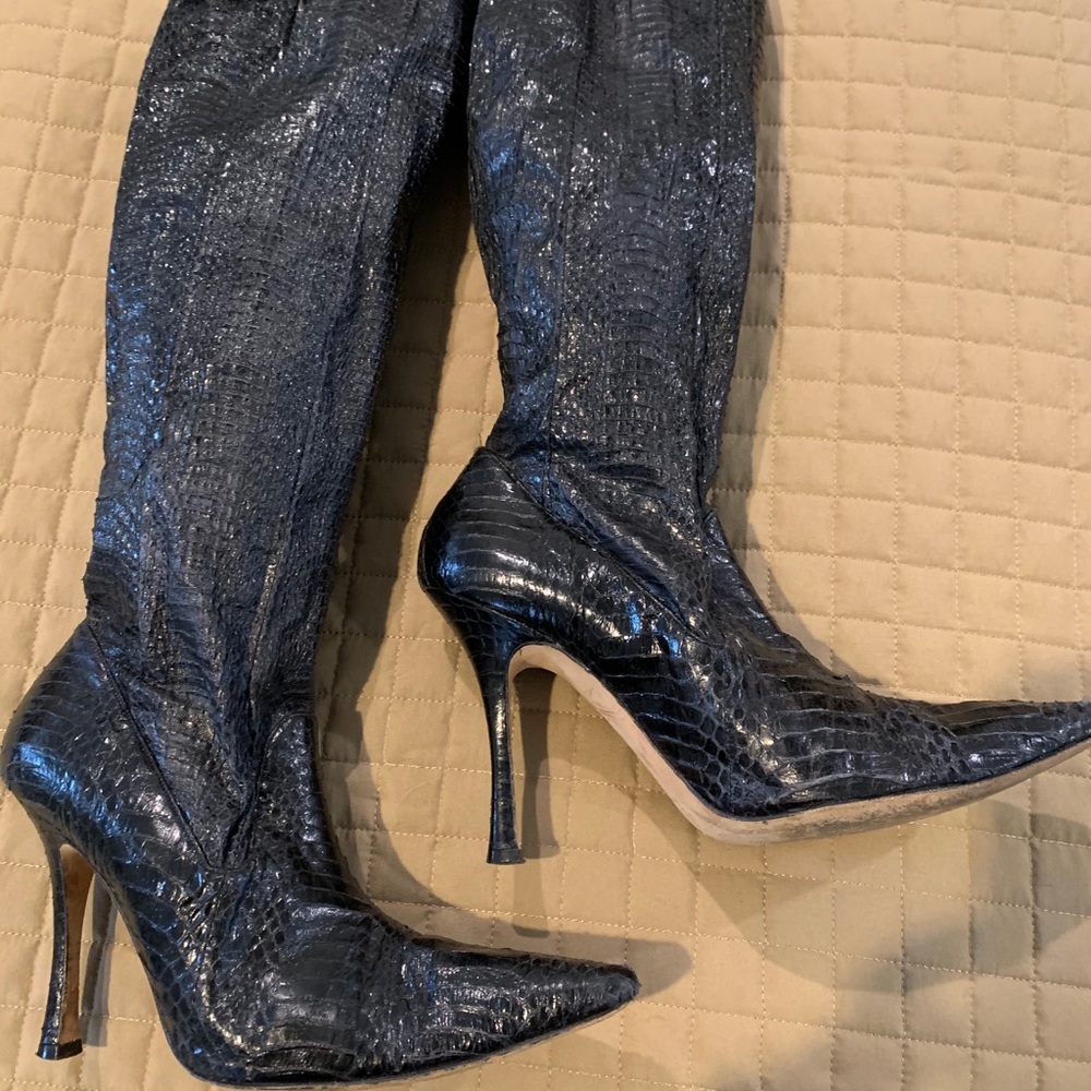 Manolo Blahnik Python Black Knee-High Boots 37.5
